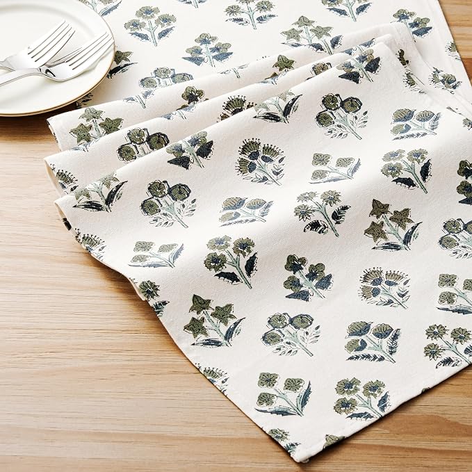 Block Print Floral Decorative Table Runners, 13x72 Inch Olive | 100% Organic - Image 6