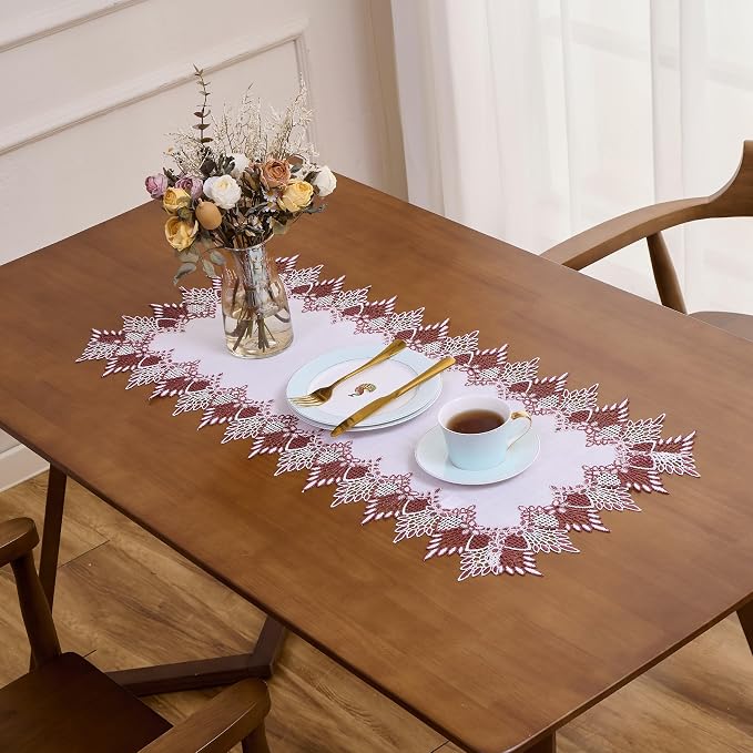 White Sheer Lace Table Runner Dark Red 54" Christmas Dresser Runners | - Image 3
