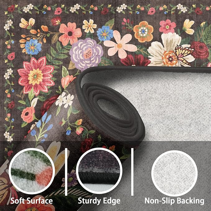 Espresso Area Rugs 10x14 for Living Room, Non Slip Machine Washable Floral Rugs - Image 3