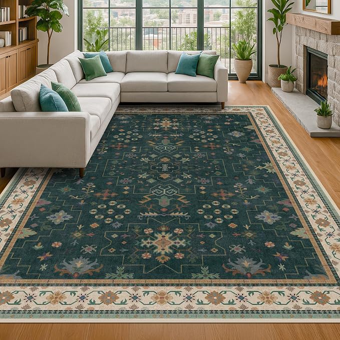 Hazo Haus Dark Green Vintage 7x10 Washable Rugs by HazoHaus