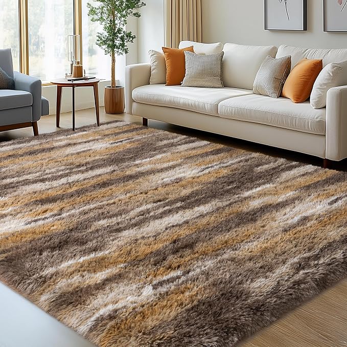 Fluffy Rugs for Living Room, 6x9 Ft Abstract Brown Shag Area Rug, Soft Large by WISHTREE