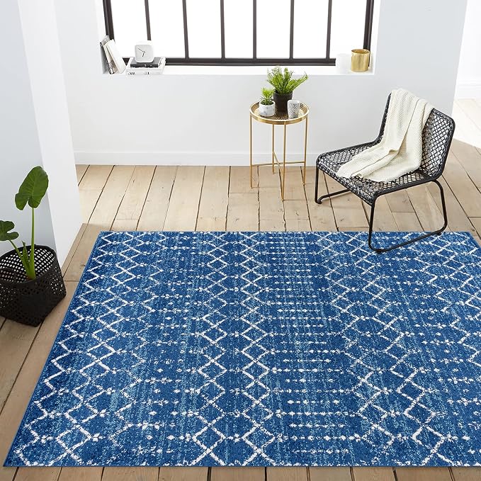 JONATHAN Y Boho Vintage Diamond Blue/White Indoor Area Rug 5X8 ft, Moroccan Hype - Image 6