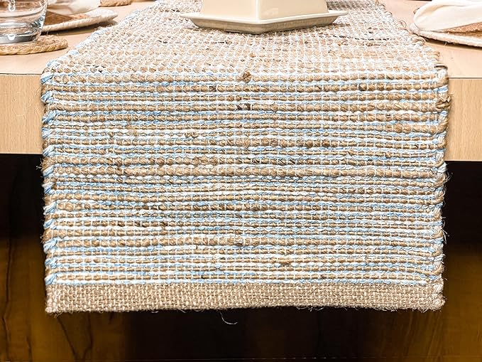 Natural Jute Table Runner, 13x72 Inch | Sky Blue-White, Vintage Boho Rustic - Image 2