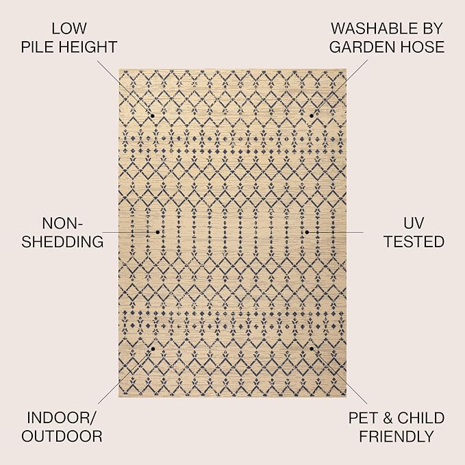JONATHAN Y Moroccan Geometric Indoor Outdoor Round Area Rug 4 Ft Beige/Navy - Image 2