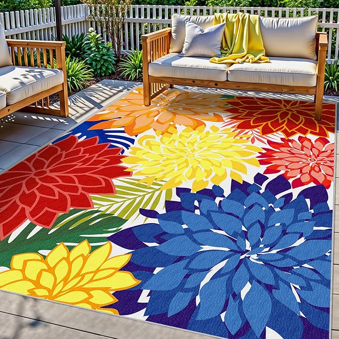 Colorful 4x6 Outdoor Area Rug Washable Rugs Multicolored Patio Rug Tropical by ArenaRug