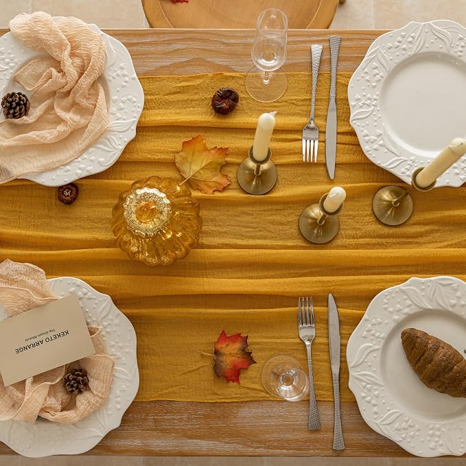 Fall Golden Cheesecloth Table Runner 120 Inch Party Home Decorations | - Image 2