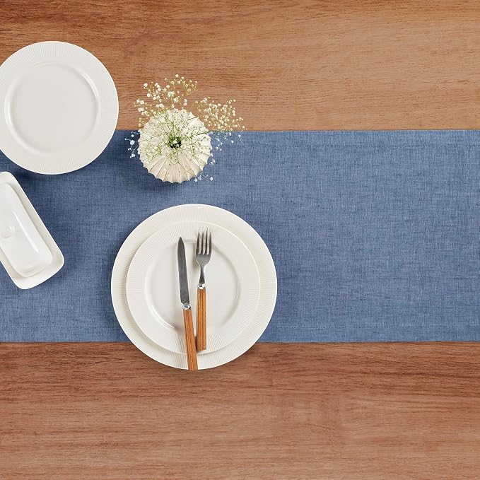 Solino Home 100% Pure Linen Table Runner Blue Denim, Athena 14 x 90 in Long | - Image 3