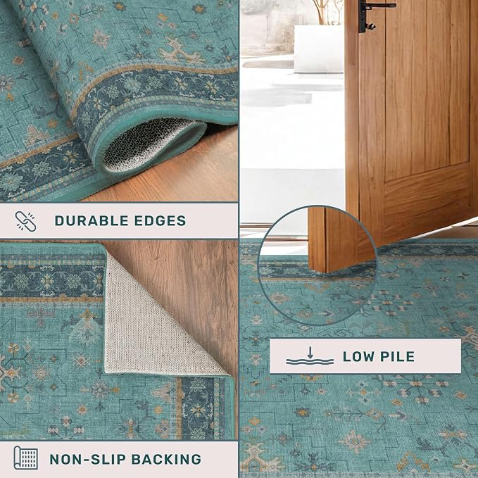 Boho Teal 6x9 Area Rugs for Living Room, Geometric Floral Design Rug for Bedroom - Image 4