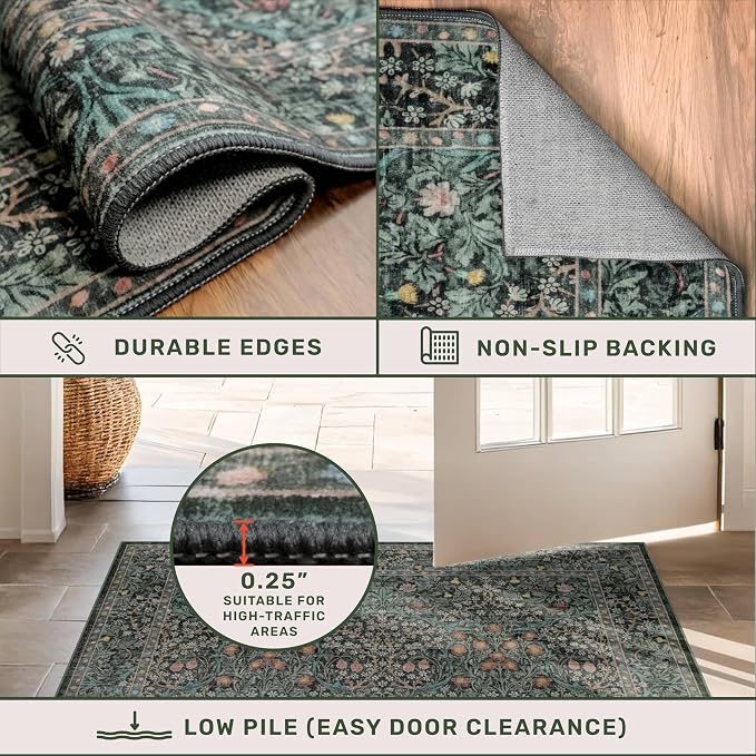 Washable Vintage 5x8 Living Room Rug, Dark Green Floral Area Rug - Image 7