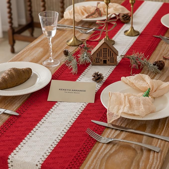 Keketoarrange Christmas Red Boho Table Runner 12x48 Inch | Woven Burlap - Image 2