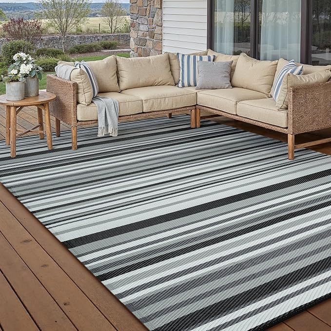 Outdoor Plastic Straw Rug Waterproof Patio 8x10 Black White Stripe Mat - Image 2