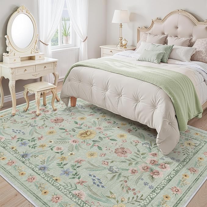 Green Floral Rug for Girls, 6x9 Washable Botanical Bedroom Rug for Nursery - Image 2