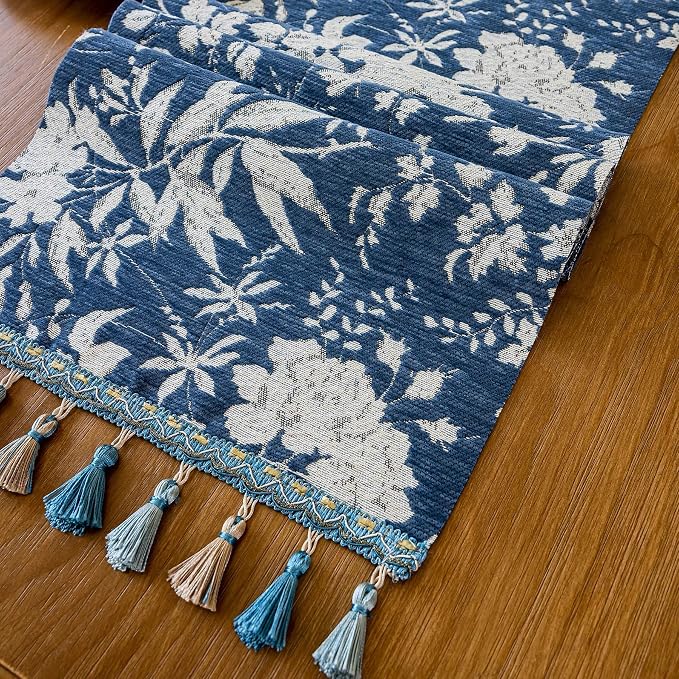 Floral Jacquard Dining Table Runner Long Blue 13 x 106 Inch | Jacquard Flower - Image 5