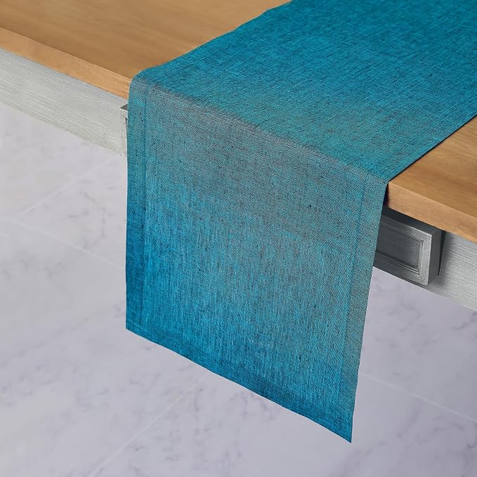 Solino Home 100% Pure Linen Table Runner Chambray Teal, Athena 14 x 36 in | - Image 2