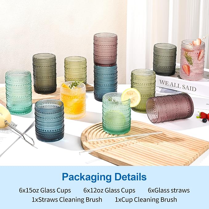 KMIGRUAN Colored Hobnail Drinking Glasses Set of 12, 15oz&12oz Vintage cups | - Image 2