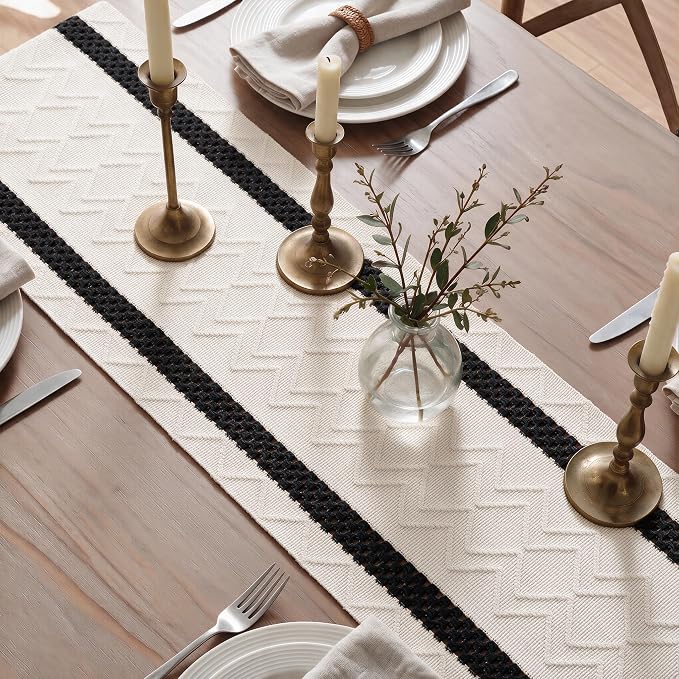 Artoid Mode Black Stripe Woven Rustic Table Runner 12x36 Inch | Holiday Kitchen - Image 4
