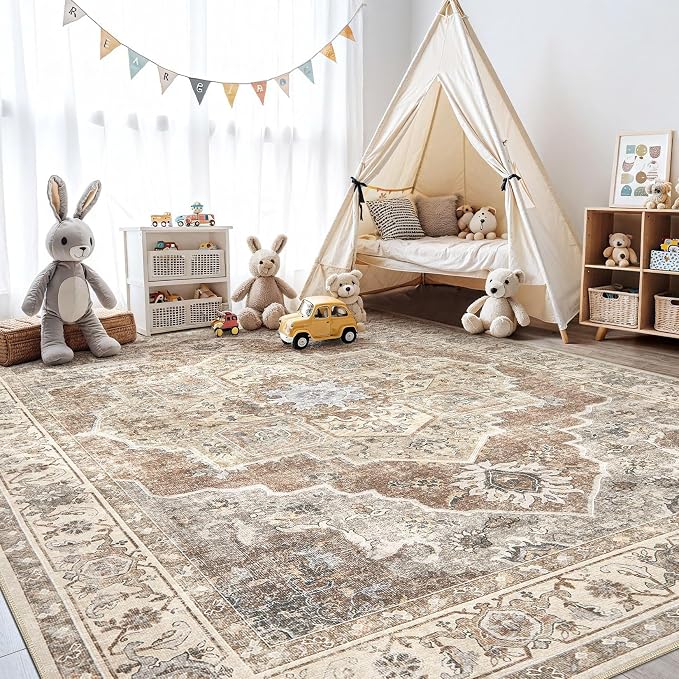 8x10 Washable Area Rug: Vintage Neutral Soft Non Slip Thin Large Floor Carpet - Image 8