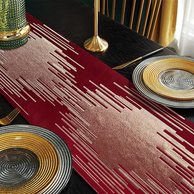 Luxury Red Gold Table Runner 120 Inch Extra Long, Abstract Geometric | Faux - Image 5