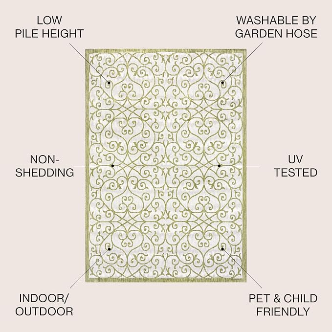 JONATHAN Y Vintage Filigree Indoor Outdoor Area Rug 5X8 Green/Cream, Madrid - Image 3