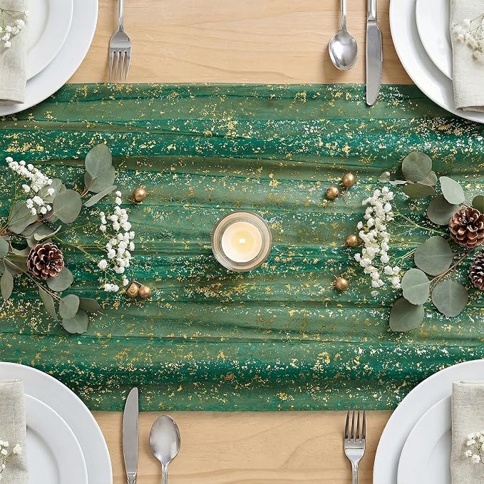 Artoid Mode Green Gold Gauze Table Runner 59x120 Inch 10FT, Glitter Metallic - Image 4