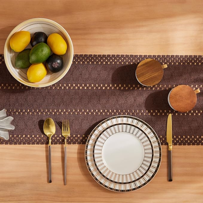 Macrame Style Boho Table Runner, 12x48 Inch Chocolate | Woven Boho Table Runner - Image 4