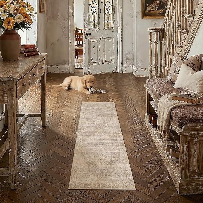 2x6 Washable Neutral Runner Rug Beige Vintage Hallway Kitchen Carpet Non-Slip - Image 3