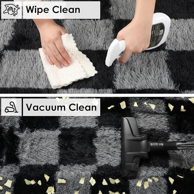KICMOR Black and Grey Area Rug for Bedroom, 4x6 Fluffy Fuzzy Shag Checkered - Image 4