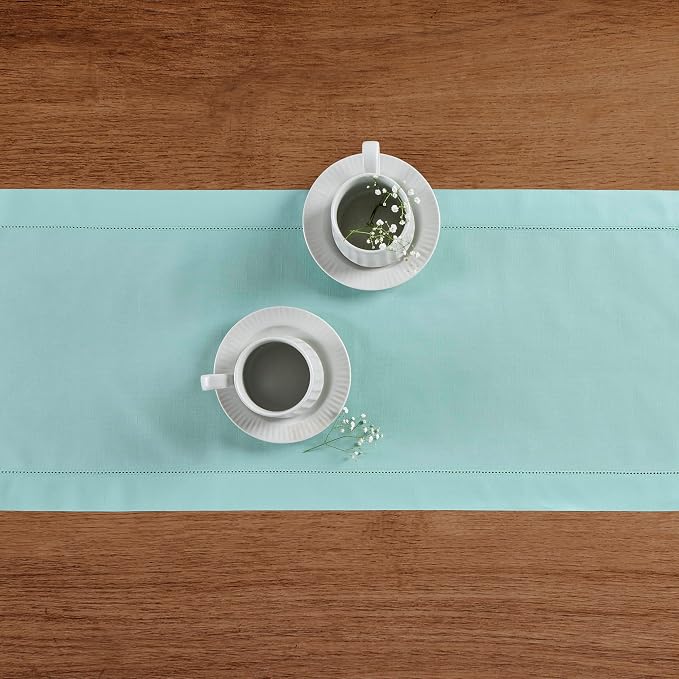 Solino Home Cotton Linen Dining Table Runner Pastel Turquoise, 14 x 108 in | - Image 3