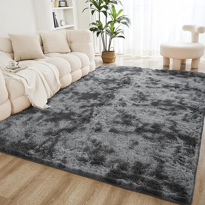 Litanika 4x6 Shag Area Rug for Living Room Bedroom, Tie-Dyed Dark Grey High by Litanika