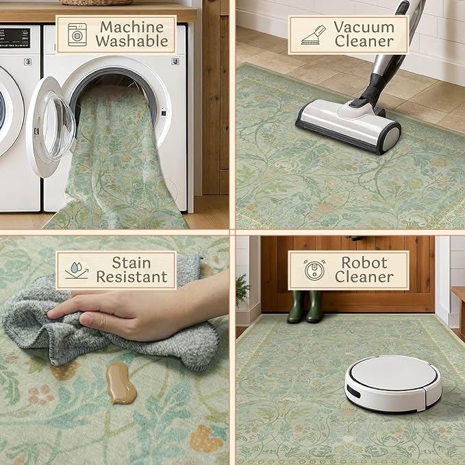 Floral 2x6 Washable Long Hallway Runner Rugs Non Slip, Sage Green Soft Runner - Image 4