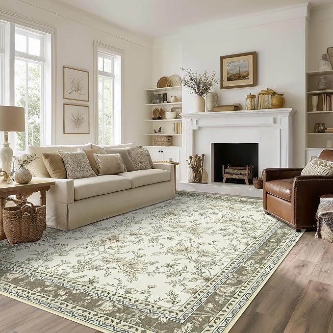 Boho Dining Room Rugs for Under Table 7x9 Washable Taupe Cream Beige Tan Floral - Image 7