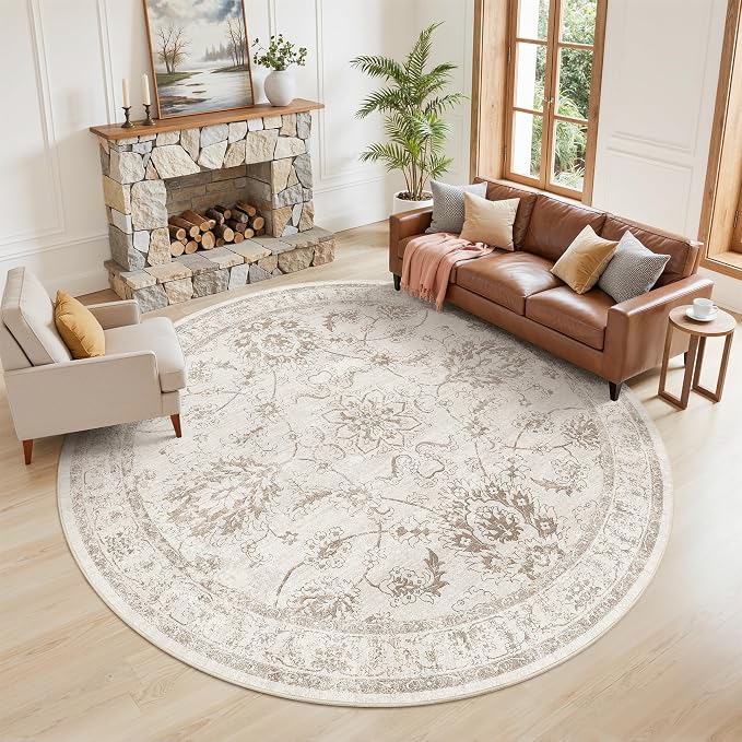Madane Washable Round Rug 8ft for Living Room, Soft Ultra-Thin Non-Slip Vintage by Madane