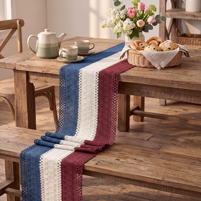 Artoid Mode Blue Beige Red Farmhouse Rustic Table Runner 12x120 Inch | Holiday - Image 5