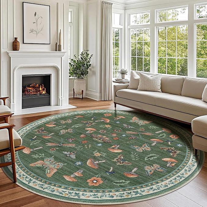 Mushroom Insect 8ft Round Rug Washable Non-Slip Soft Ultra-Thin Large Boho by ROYHOME