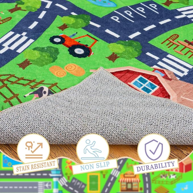 Kids Room Rug - Soft & Non-Slip 9x12 Ft Town Car Rug City Map Play Mat - Image 4