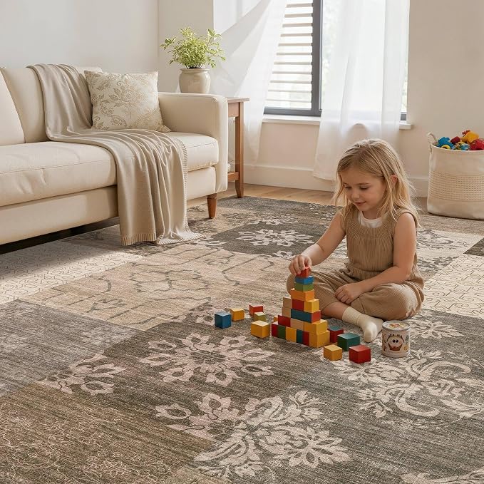UERMEI 6x9 Area Rug for Living Room, Washable Brown Modern Geometric Patchwork - Image 6