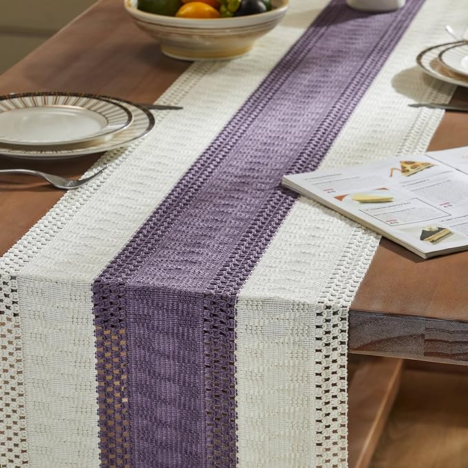 Macrame Style Bicolor Stitching Table Runner 14x90in Purple | Woven Boho Table - Image 5