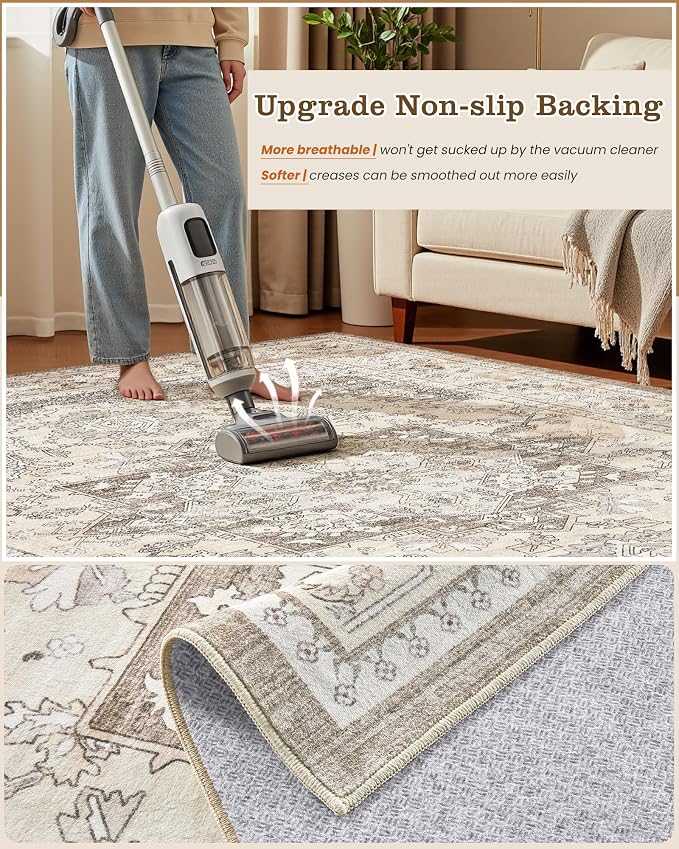 10x14 Vintage Area Rug: Washable Neutral Soft Non Slip Thin Large Floor Carpet - Image 5