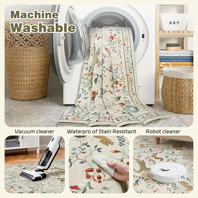 Runner Rug Washable Runners Kitchen Rugs Non Slip Neutral Floral Carpet Low Pile - Image 4