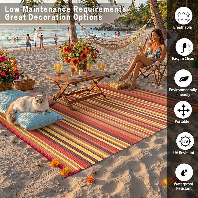 Outdoor Plastic Straw Rug Waterproof Patio 6x9 Red Orange Stripe Mat - Image 4