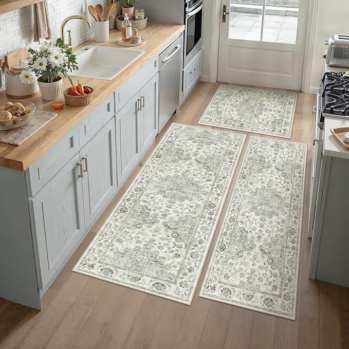 Neutral Kitchen Rug Set of 3 Washable Green Vintage Kitchen Mats by WondRg