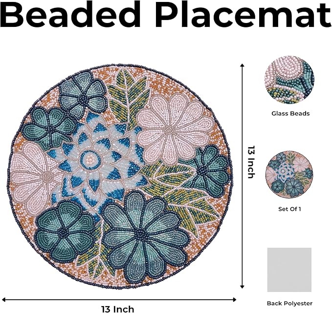 13" Flower Beaded Placemats, Teal Multi, Round Dining Table Mat | Flower Beaded - Image 3