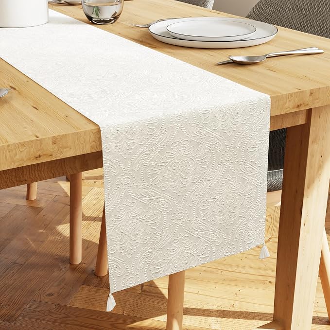 Encasa XO Table Runner, Embossed Velvet, Elegant 13"x94" | Cream, 175 GSM by EncasaXO