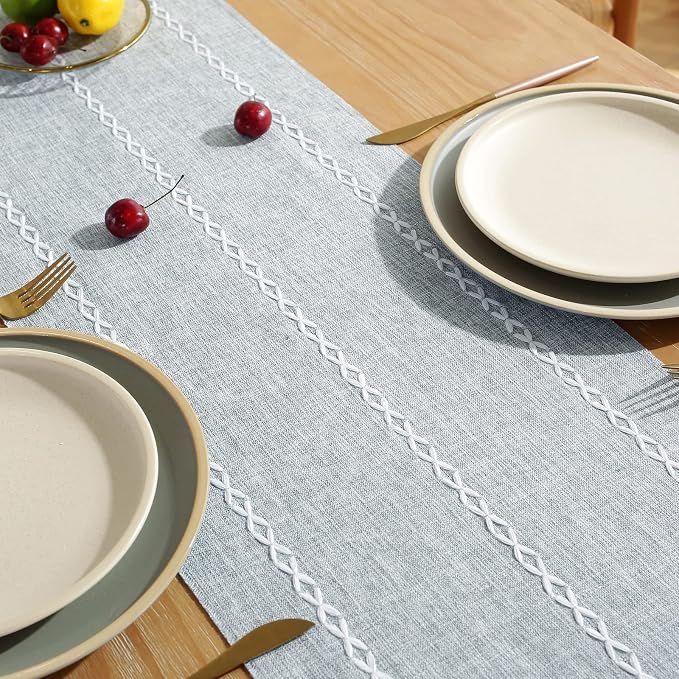 Wracra Rustic Linen Table Runner, Dusty Blue Table Runners 90 inches Long | - Image 5