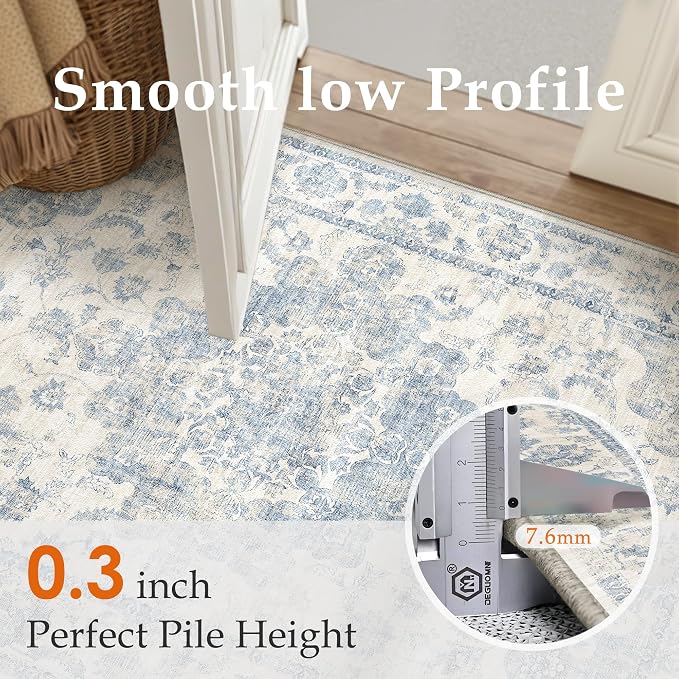 2x12 Washable Neutral Runner Rug Blue Vintage Hallway Kitchen Carpet Non-Slip - Image 8