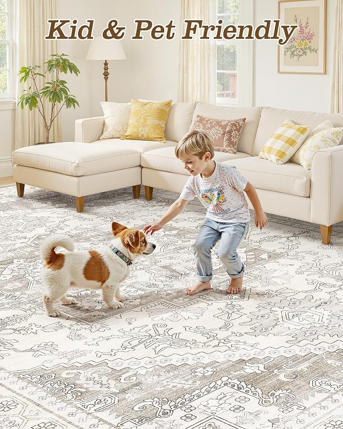 12x15 Vintage Area Rug: Washable Neutral Soft Non Slip Thin Large Floor Carpet - Image 6