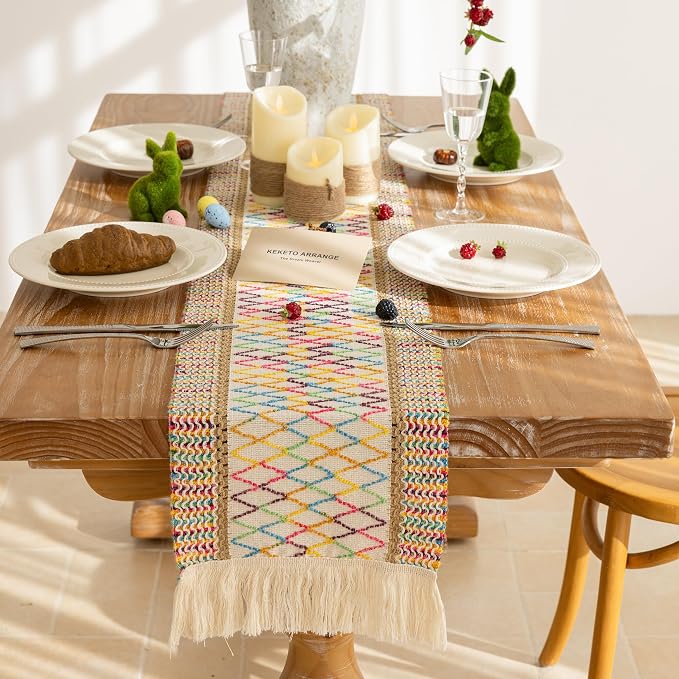 Keketoarrange Boho Macrame Table Runner 12x48 Inch | Woven Burlap Rustic Runner - Image 2