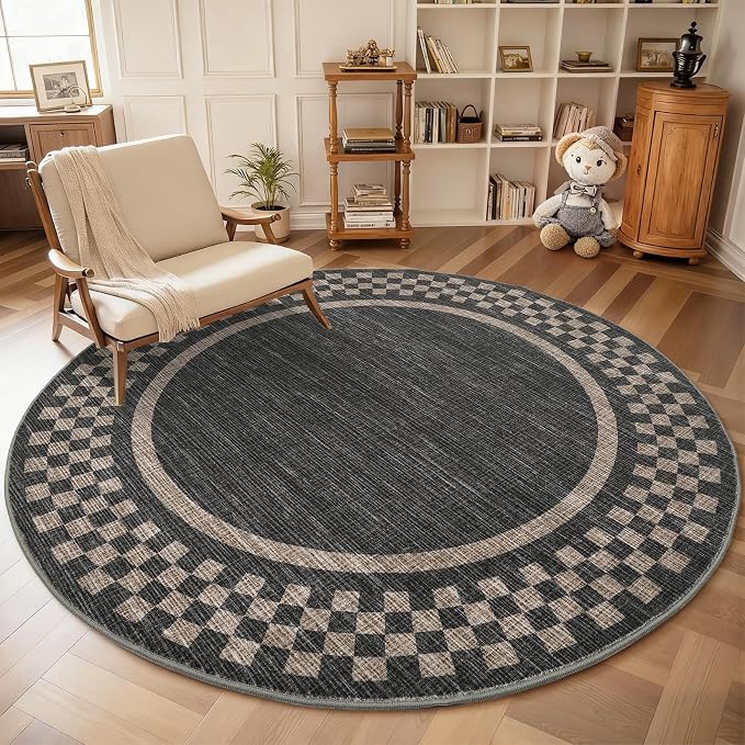 6ft Washable Round Rug for Entryway Modern Checkered Bedroom Circle Rug Non by GarveeHome