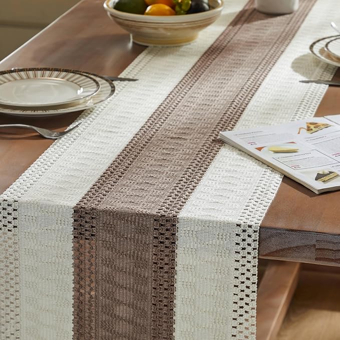 Macrame Style Bicolor Stitching Table Runner 14x90in Cocoa Brown | Woven Boho - Image 5