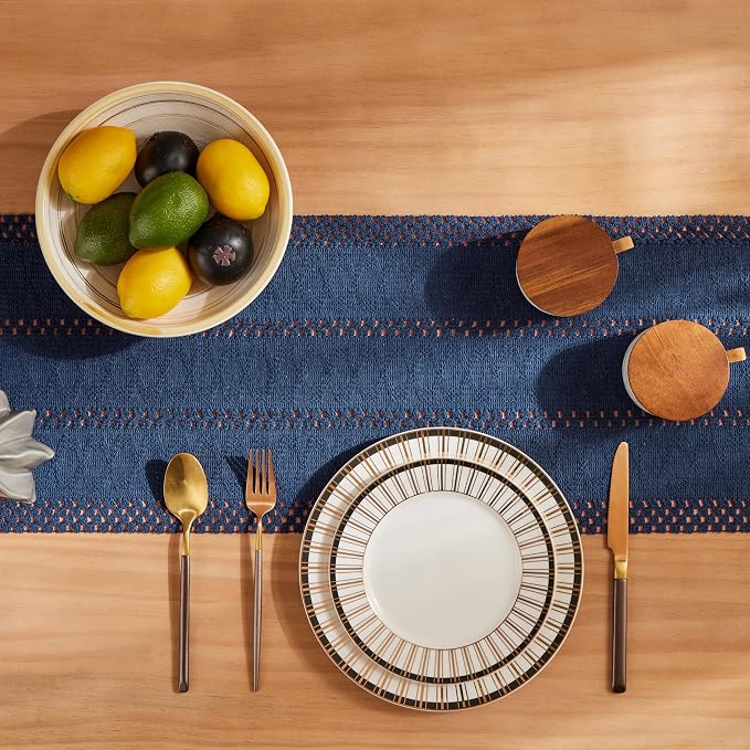 Macrame Style Boho Table Runner, 12x48 Inch Navy Blue | Woven Boho Table Runner - Image 4